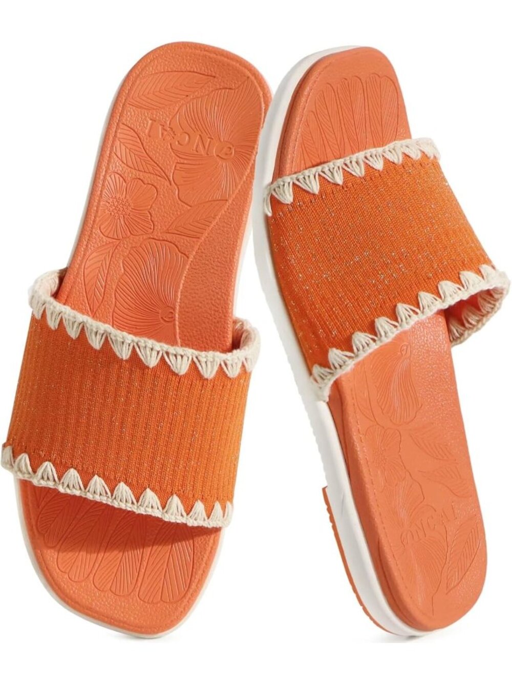 Women’s Orange Flat Slides Sandals Soft Knitted with Golden Thread Walking